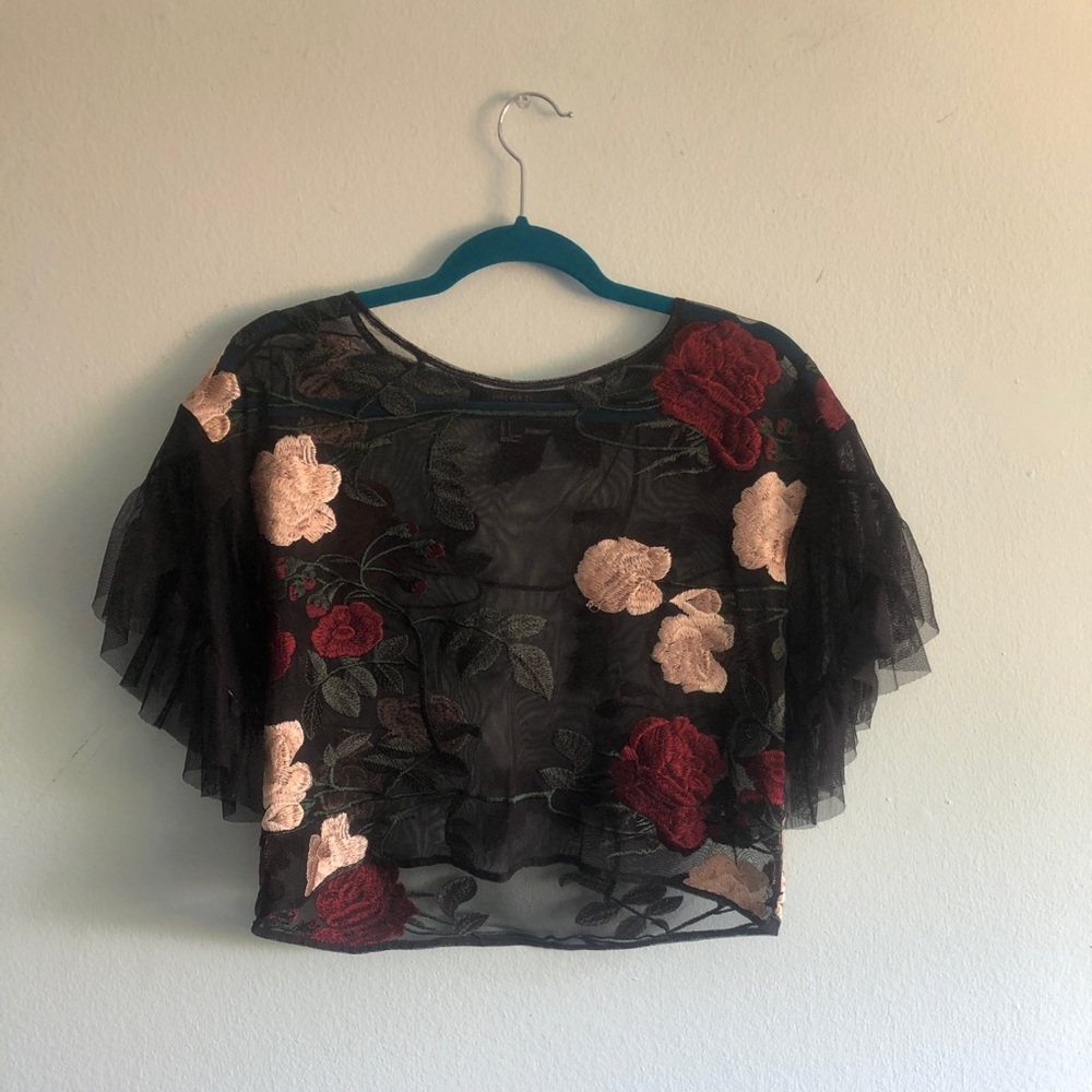 Sheer black floral flutter sleeve crop top